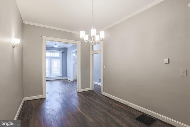 2014 Penrose Ave, Baltimore, MD 21223 - unfurnished dining area with baseboards, a chandelier, dark wood-style floors, and ornamental molding