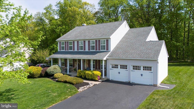colonial house with a porch, an attached garage, driveway, a front yard, and roof with shingles