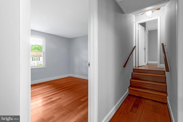 stairway featuring wood finished floors and baseboards