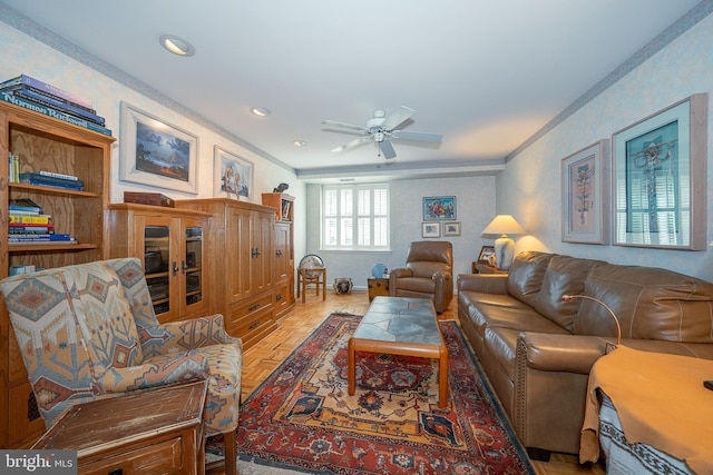 1655 Oakwood Dr Unit N323, Narberth, PA 19072 - living area featuring ornamental molding, a ceiling fan, baseboards, and recessed lighting