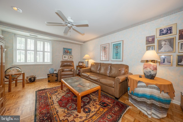 1655 Oakwood Dr Unit N323, Narberth, PA 19072 - living room featuring ceiling fan, wallpapered walls, baseboards, and ornamental molding