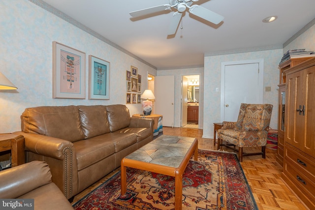 1655 Oakwood Dr Unit N323, Narberth, PA 19072 - living room featuring a ceiling fan, wallpapered walls, and crown molding