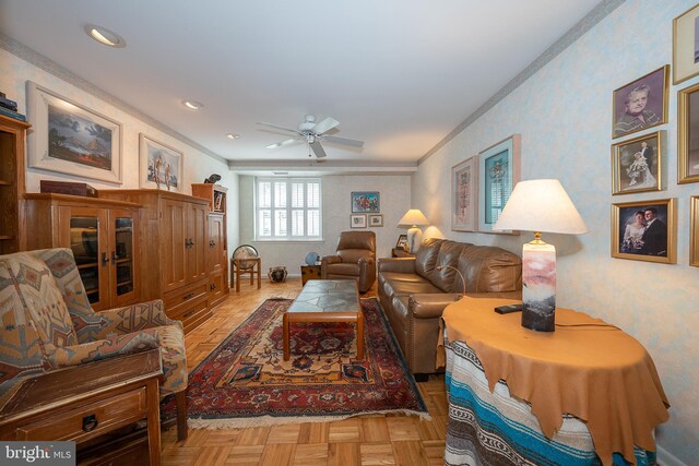 1655 Oakwood Dr Unit N323, Narberth, PA 19072 - living room featuring ornamental molding, a ceiling fan, wallpapered walls, baseboards, and recessed lighting