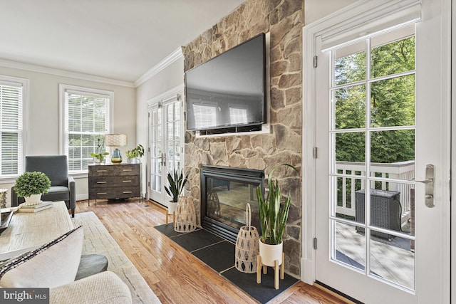 living room featuring crown molding, a fireplace, and wood finished floors
