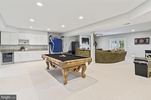 recreation room featuring wine cooler, wet bar, recessed lighting, billiards table, and carpet floors