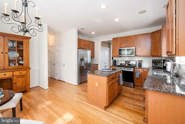 kitchen featuring stainless steel appliances, a sink, a center island, light wood finished floors, and decorative backsplash