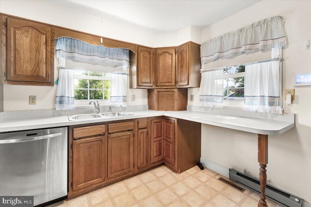kitchen featuring stainless steel dishwasher, a sink, brown cabinetry, light flooring, and baseboard heating