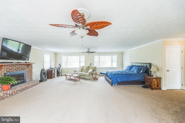 7290 Southern Maryland Blvd, Owings, MD 20736 - bedroom with carpet floors, crown molding, a brick fireplace, ceiling fan, and baseboards