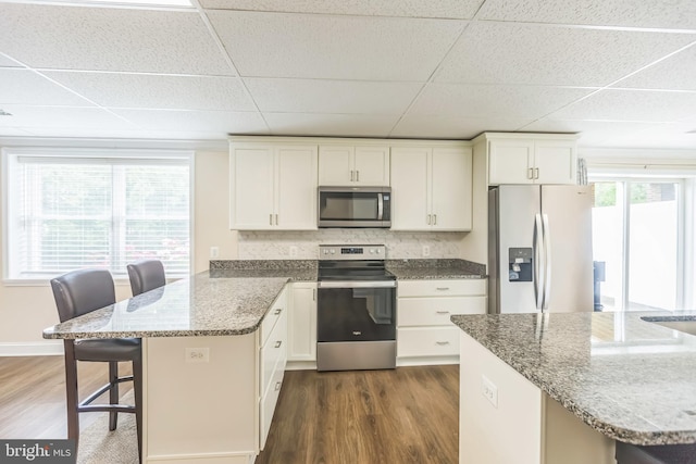 7290 Southern Maryland Blvd, Owings, MD 20736 - kitchen featuring stainless steel appliances, a paneled ceiling, dark wood-style flooring, a breakfast bar area, and white cabinetry