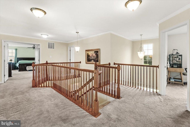 13324 John Martin Dr, Williamsport, MD 21795 - corridor featuring an upstairs landing, carpet floors, crown molding, visible vents, and baseboards