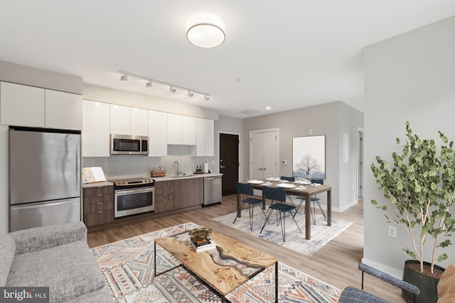 living area featuring light wood finished floors, baseboards, and rail lighting