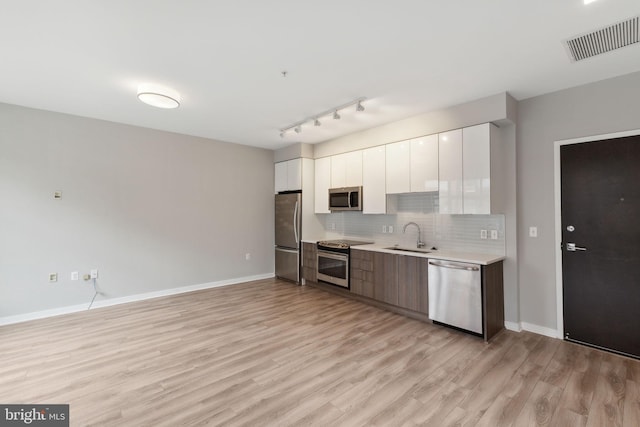 kitchen featuring appliances with stainless steel finishes, a sink, light countertops, white cabinetry, and light wood-style flooring