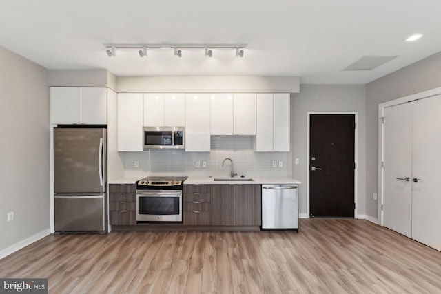 kitchen with appliances with stainless steel finishes, modern cabinets, white cabinetry, light countertops, and a sink