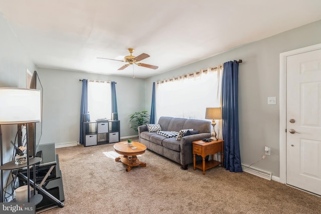 22 N Browning Ave, Somerdale, NJ 08083 - living room featuring carpet, a ceiling fan, and baseboards
