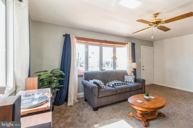 22 N Browning Ave, Somerdale, NJ 08083 - carpeted living room featuring a ceiling fan and baseboards