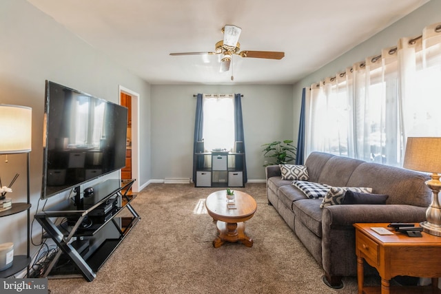 22 N Browning Ave, Somerdale, NJ 08083 - living room featuring carpet flooring, a ceiling fan, and baseboards