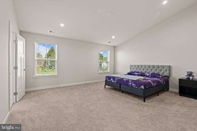 bedroom featuring multiple windows, recessed lighting, visible vents, and carpet floors