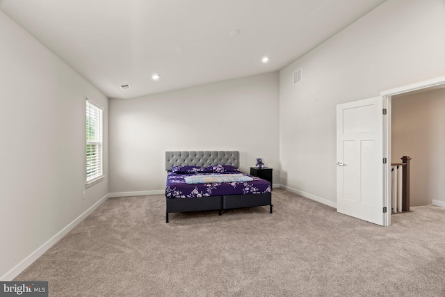 bedroom with carpet, visible vents, baseboards, and recessed lighting