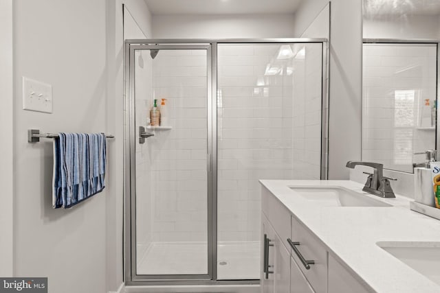 full bathroom with a sink, double vanity, and a shower stall