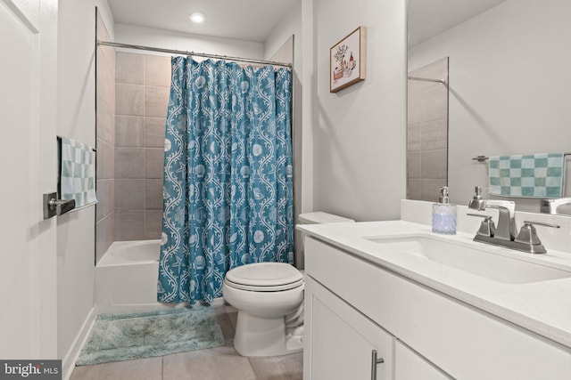 full bathroom with toilet, shower / bath combo, tile patterned floors, vanity, and recessed lighting