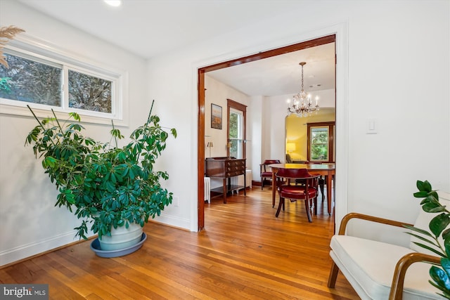 4311 Ellicott St NW, Washington, DC 20016 - living area with wood-type flooring, baseboards, and a chandelier