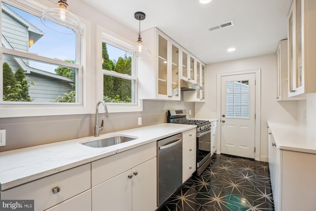 4311 Ellicott St NW, Washington, DC 20016 - kitchen with stainless steel appliances, a sink, white cabinets, glass insert cabinets, and hanging light fixtures