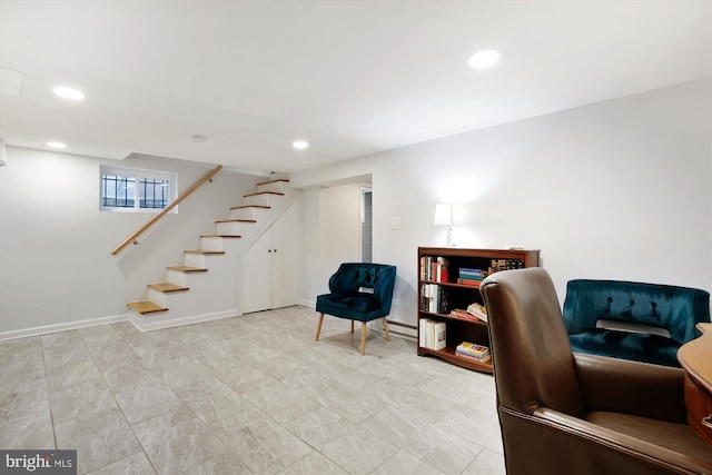 4311 Ellicott St NW, Washington, DC 20016 - sitting room featuring recessed lighting, stairway, baseboards, and a baseboard radiator