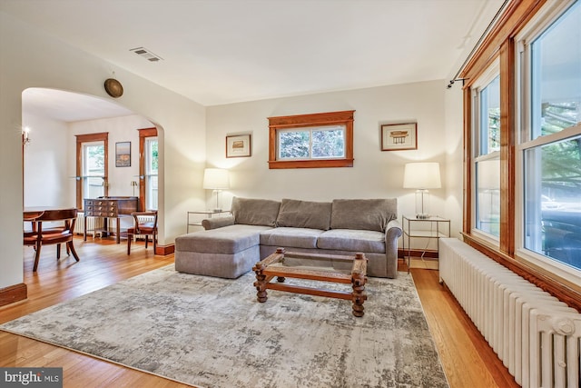 4311 Ellicott St NW, Washington, DC 20016 - living room with radiator heating unit, arched walkways, wood finished floors, and healthy amount of natural light