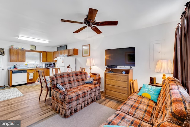 living room with a ceiling fan and light wood-style flooring