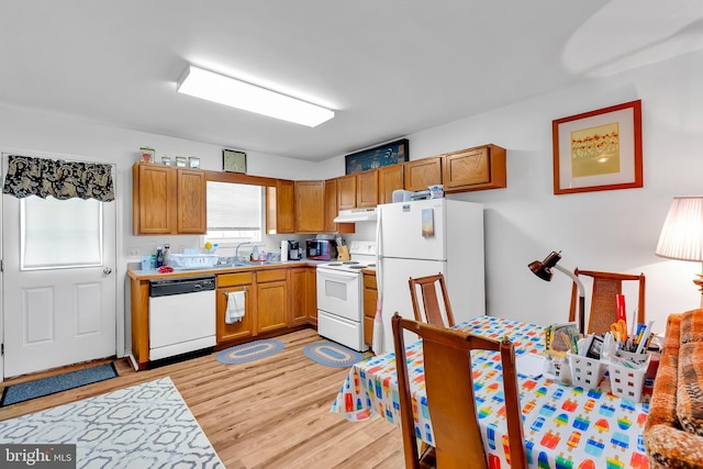 kitchen featuring white appliances, under cabinet range hood, a sink, light wood finished floors, and light countertops