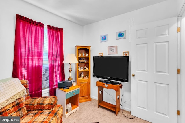 bedroom with light carpet and baseboards