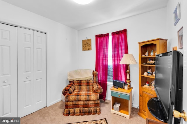 sitting room featuring carpet floors and baseboards
