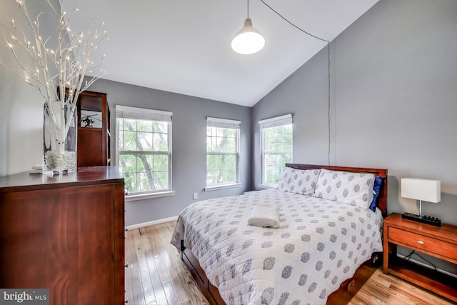 bedroom with lofted ceiling, wood finished floors, baseboards, and multiple windows