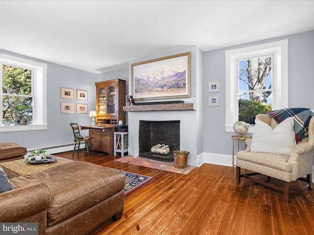 living room with wood-type flooring, a fireplace with flush hearth, baseboard heating, and baseboards