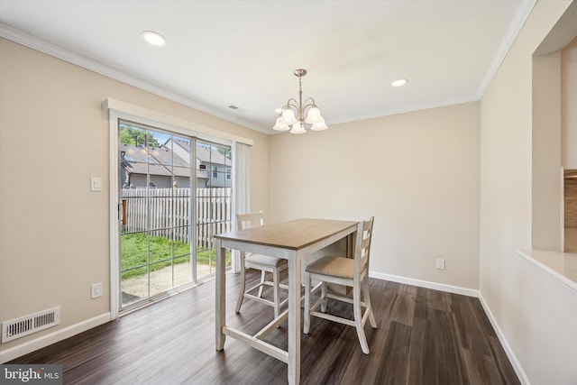417 Jamestown Ct, Mount Laurel, NJ 08054 - dining space with crown molding, a chandelier, dark wood finished floors, baseboards, and recessed lighting