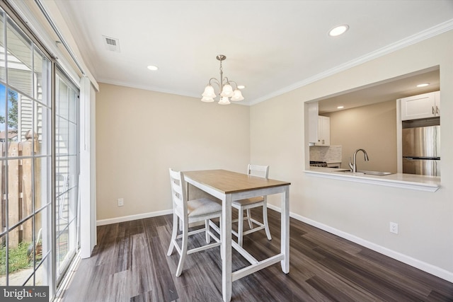 417 Jamestown Ct, Mount Laurel, NJ 08054 - dining room with dark wood-style flooring, baseboards, ornamental molding, recessed lighting, and a chandelier
