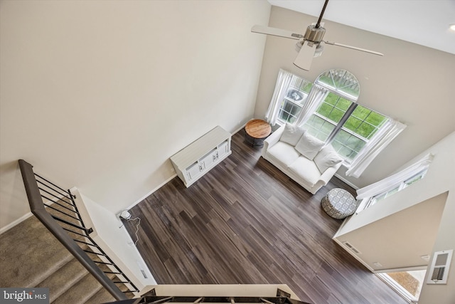 417 Jamestown Ct, Mount Laurel, NJ 08054 - living area featuring a high ceiling, a ceiling fan, stairs, and wood finished floors