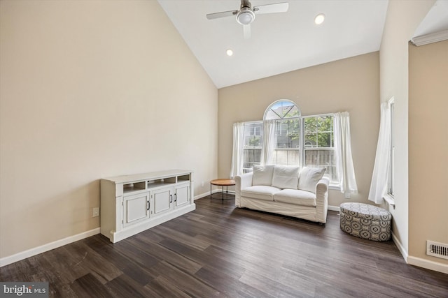 417 Jamestown Ct, Mount Laurel, NJ 08054 - living area featuring high vaulted ceiling, a ceiling fan, dark wood-type flooring, baseboards, and recessed lighting
