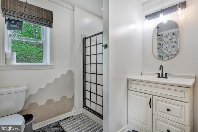 22 Hillside Ct, Huntingtown, MD 20639 - bathroom with toilet, a stall shower, vanity, and tile patterned flooring