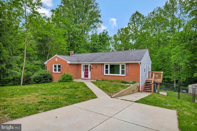 22 Hillside Ct, Huntingtown, MD 20639 - ranch-style home featuring brick siding, stairs, and a chimney