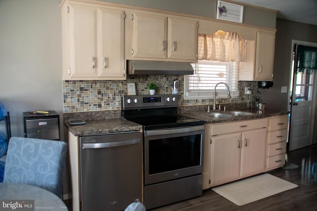 20 Fredericksville Rd, Mertztown, PA 19539 - kitchen with stainless steel appliances, a sink, under cabinet range hood, backsplash, and dark wood-type flooring