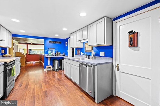 kitchen featuring stainless steel appliances, a sink, light countertops, wood finished floors, and recessed lighting