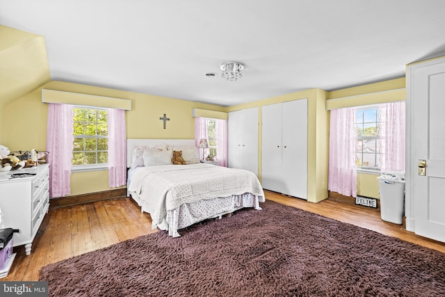 bedroom featuring two closets, multiple windows, wood finished floors, and lofted ceiling