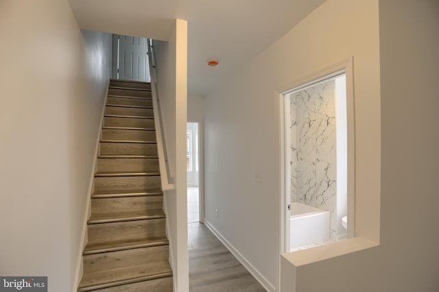 stairway featuring wood finished floors and baseboards