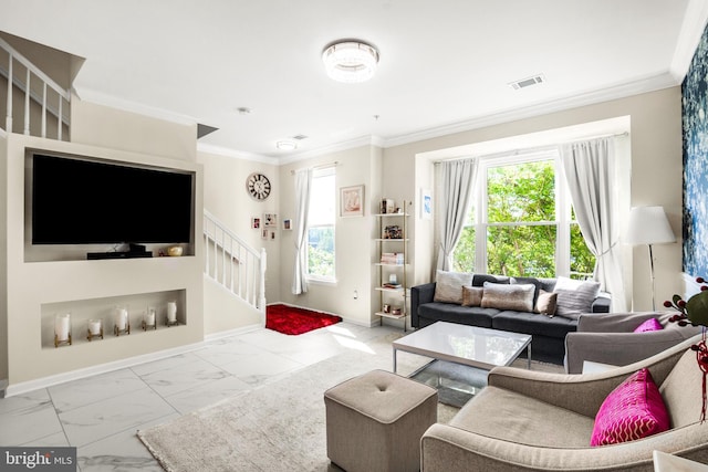 living area featuring marble finish floor, plenty of natural light, baseboards, and visible vents