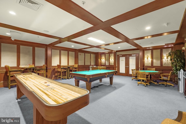 rec room featuring carpet, visible vents, french doors, and pool table