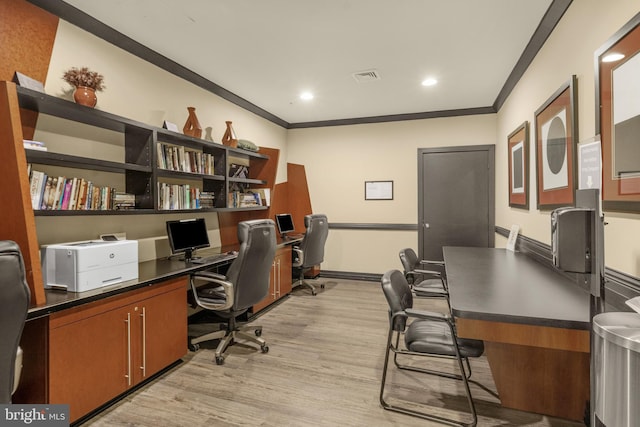home office featuring ornamental molding, recessed lighting, light wood-style floors, and visible vents