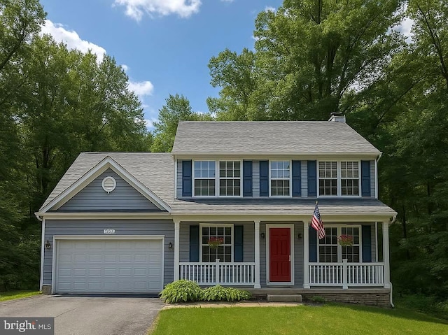4111 Bayside Rd, Chesapeake Beach, MD 20732 - view of front facade with a porch, asphalt driveway, an attached garage, and a chimney