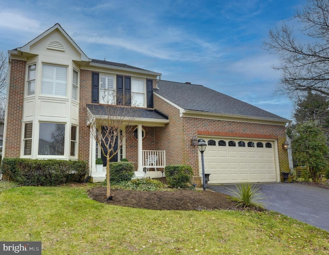 traditional-style home featuring driveway, brick siding, a garage, a shingled roof, and a front lawn