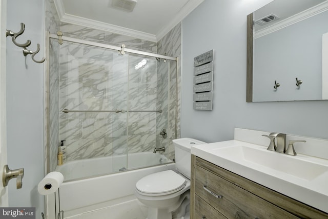 bathroom with crown molding, toilet, visible vents, and vanity